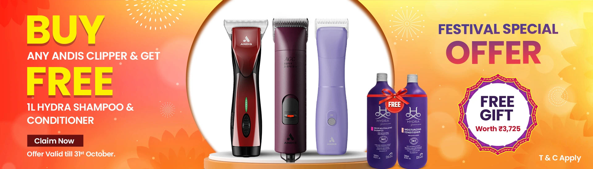 Buy any Andis pet clipper and get free Hydra Shampoo & Conditioner – festival special pet grooming offer India, professional dog clipper deal, pet salon clipper combo with free 1L Hydra grooming products, pet grooming clippers India discount, Andis clipper Diwali deal, ABK Imports grooming festive offer, Hydra pet shampoo conditioner combo free, dog groomer tool offers, limited-time clipper sale India, Andis AGC, Vida, Pulse clippers