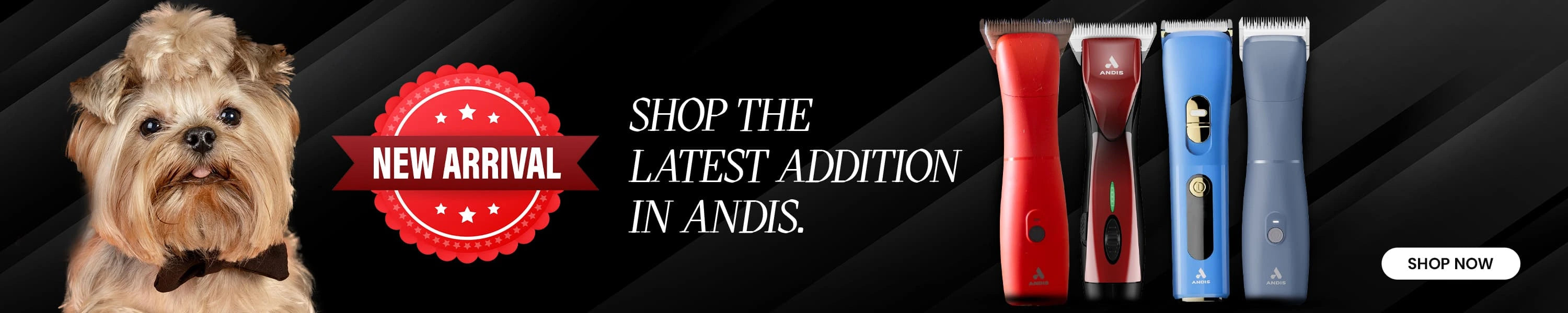 Andis new arrival grooming tools banner – new clippers, scissors, combs, pet grooming equipment India, latest Andis tools, shop new Andis arrivals, professional grooming gear, dog clipper launch banner, Andis new arrival grooming tools mobile banner – latest clippers and scissors, newest Andis gear India, mobile view of grooming tools, new products banner mobile