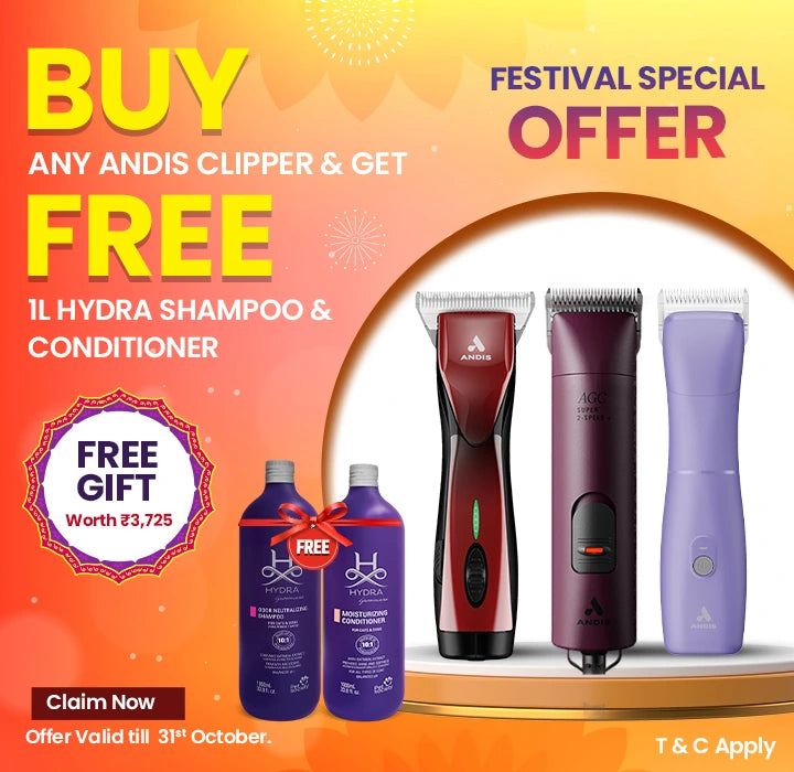 Buy Andis clipper get Hydra grooming products free – mobile banner for India festive offer, pet grooming clipper promo, ABK grooming sale, Diwali dog clipper deal, shop professional grooming tools India with free gift worth ₹3,725, shampoo and conditioner with clipper India, pet salon clipper combo with free 1L Hydra grooming products, pet grooming clippers India discount, Andis clipper Diwali deal, ABK Imports grooming festive offer, Hydra pet shampoo conditioner combo free, dog groomer tool offers, limite