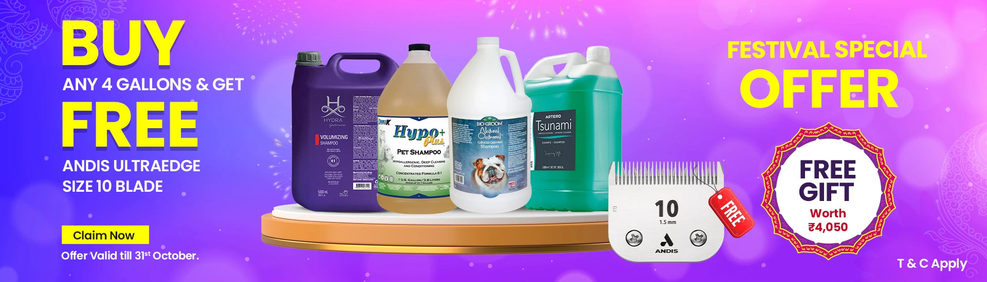Buy any 4 pet grooming shampoo gallons and get free Andis UltraEdge Size 10 Blade – limited time festival offer in India by ABK Imports, shop top brands like Hydra, Bio-Groom, Artero, Double K, pet groomers bulk deal, free clipper blade worth ₹4,050, dog grooming shampoo gallon combo with free blade, Diwali grooming supplies discount, professional groomer essentials