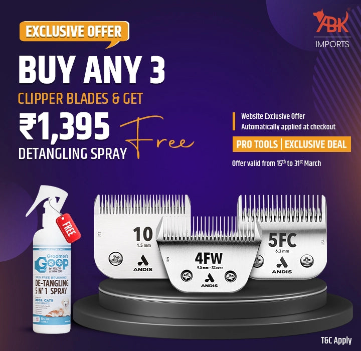 professional dog grooming clipper blades deal buy three Andis blades get free Groomers Goop detangling spray website exclusive offer ABK Grooming