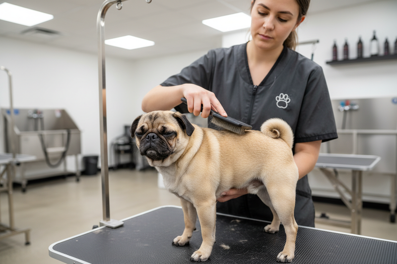 Groomer is brushing the coat of the pug dog in salon with andis slicker brush 