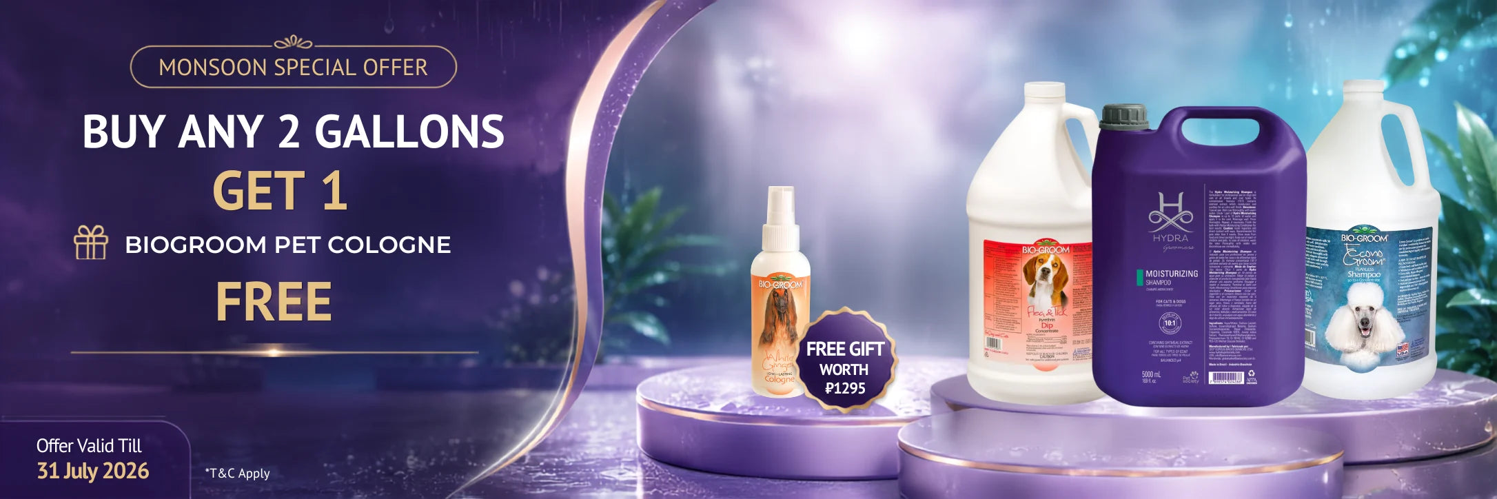 Hydra and Bio-Groom gallon shampoo offer with free Bio-Groom pet cologne for professional grooming salons