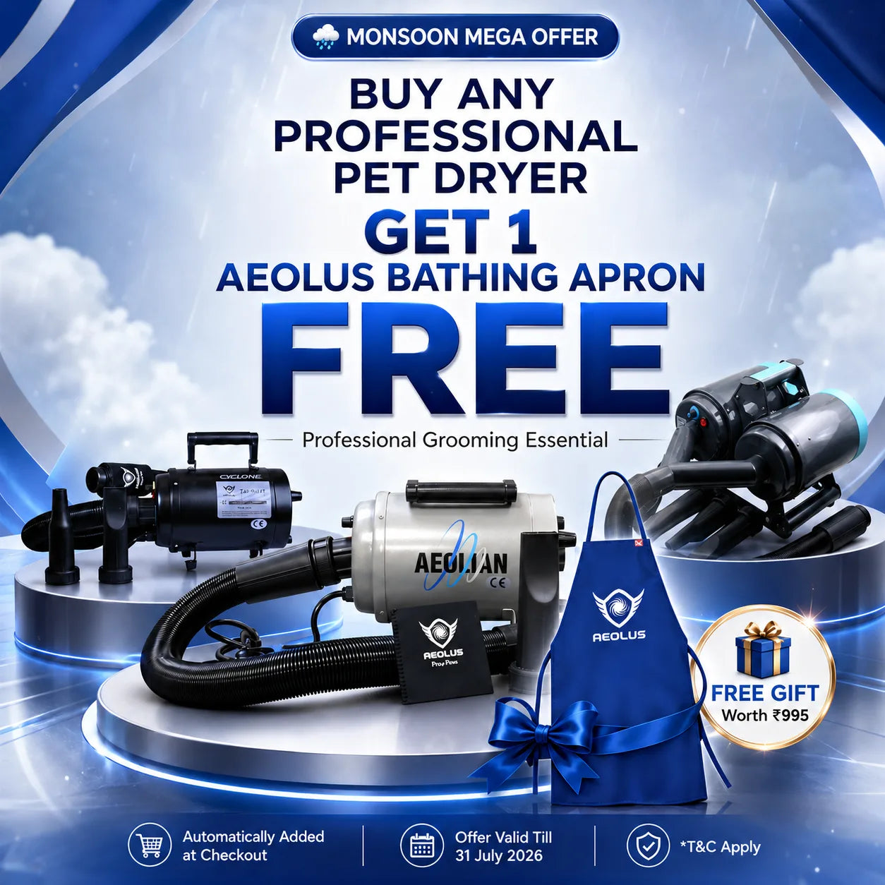 Pet dryer offer with free Aeolus Bathing Apron for professional groomers