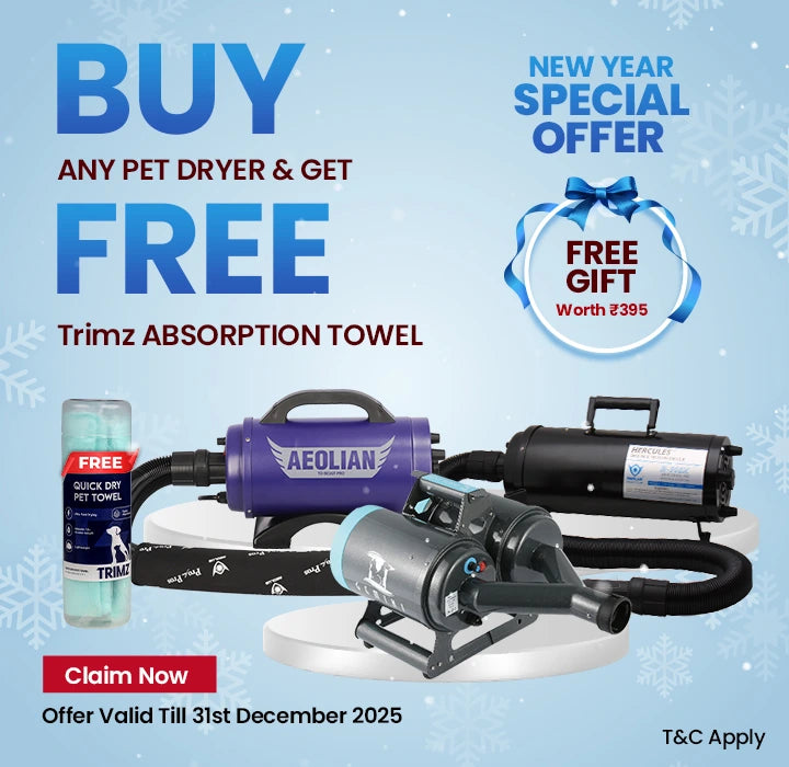 New Year pet dryer offer banner featuring Aeolian and Hercules professional pet dryers with free Trimz absorption towel, dog grooming dryer, high velocity pet dryer, professional dog grooming equipment, salon grade pet care tools, ABK Grooming accessories, dog coat drying solutions, pet grooming essentials for professionals.