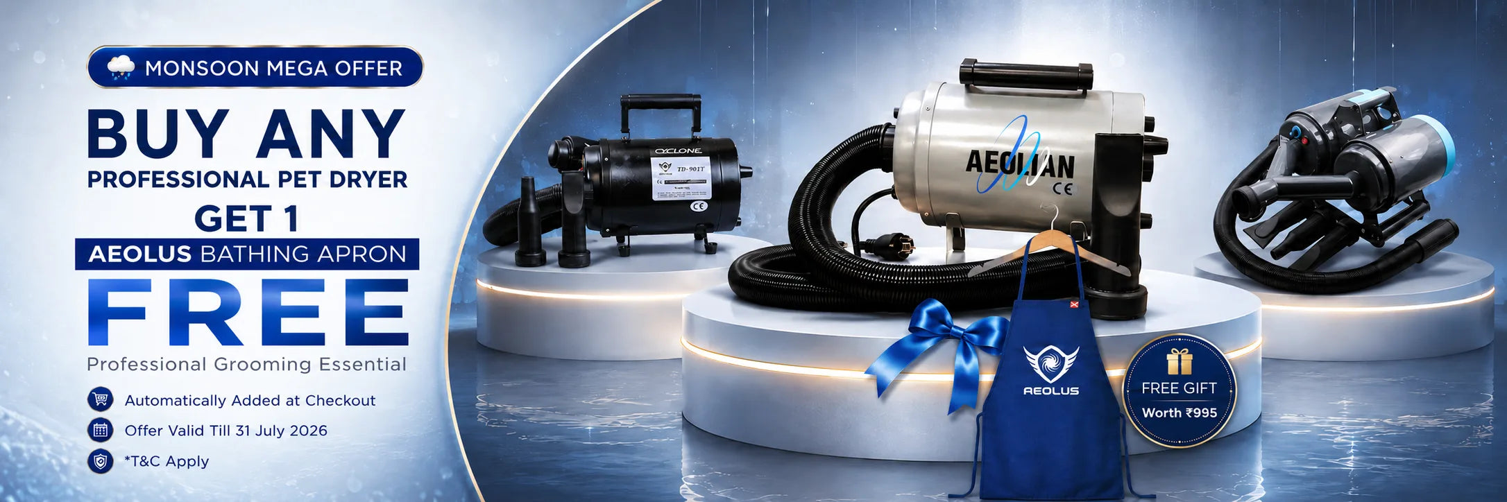 Professional pet dryer monsoon offer with free Aeolus Bathing Apron for dog grooming salons