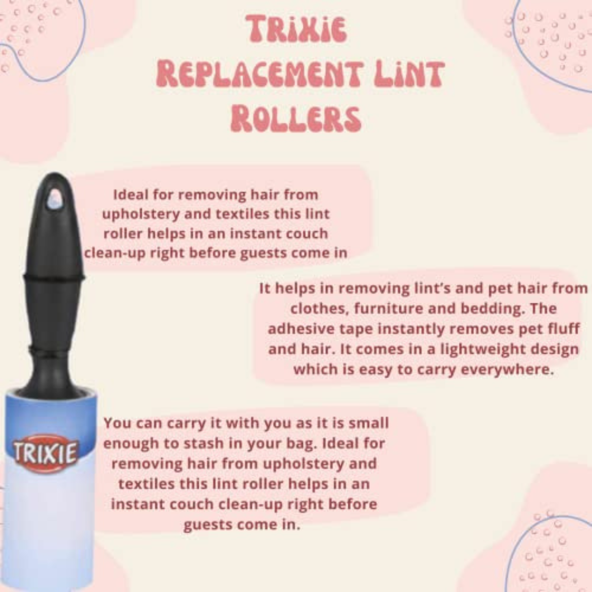 Trixie Lint Roller 60 Sheets/Roll Easy Way to Clean of Pet Hair