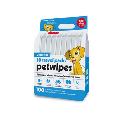 Petkin face and body100 pet wipes, travel pack (includes 10 packs each, Vanilla)