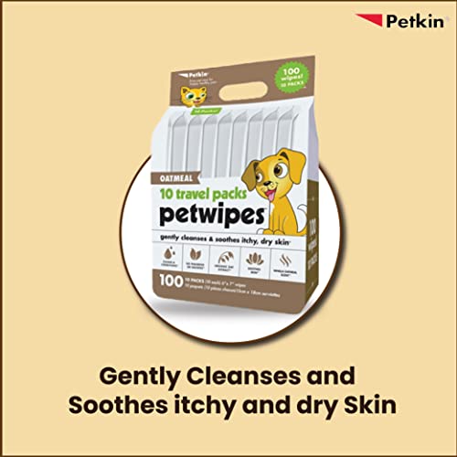 Petkin face and body100 pet wipes, travel pack (includes 10 packs each, Oatmeal)