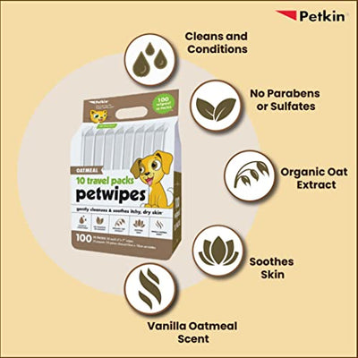Petkin face and body100 pet wipes, travel pack (includes 10 packs each, Oatmeal)