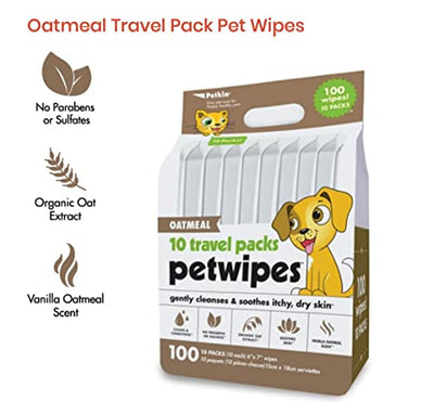 Petkin face and body100 pet wipes, travel pack (includes 10 packs each, Oatmeal)