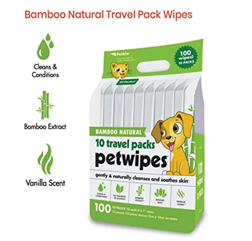 Petkin face and body 100 pet wipes, travel pack (includes 10 packs each, Bamboo Naturals)