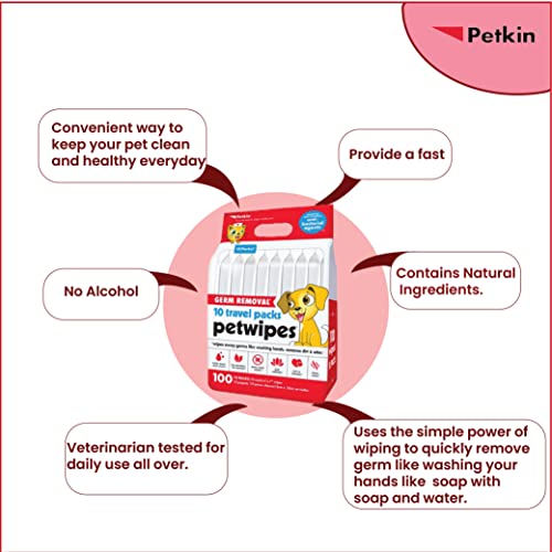 Petkin face and body germ removal 100 pet wipes, travel pack (includes 10 packs each)