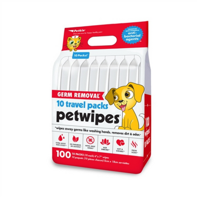 Petkin face and body germ removal 100 pet wipes, travel pack (includes 10 packs each)