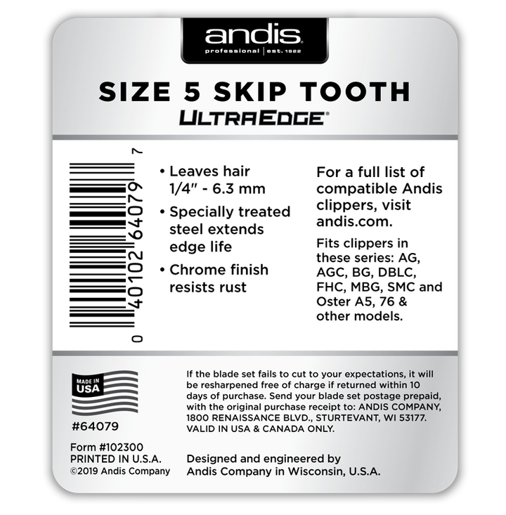 Andis #5 UltraEdge Detachable Pet Clipper Blade, Skip Tooth cuts 6.3mm for sporting dog breeds