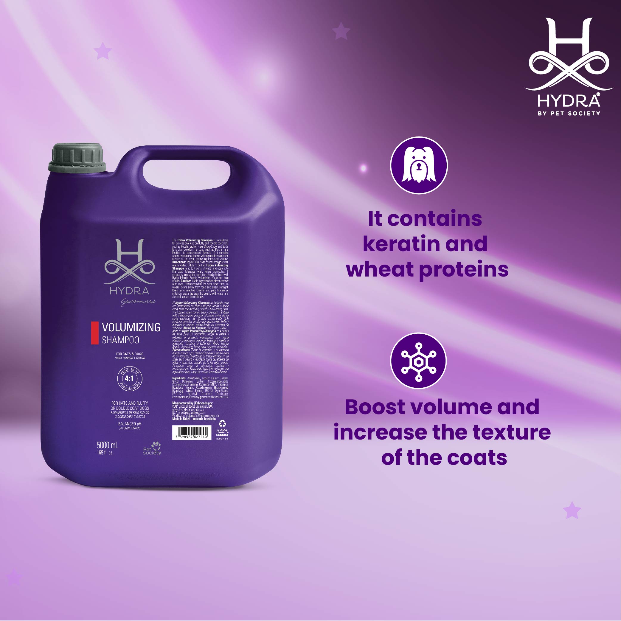 Hydra Professional voluminizing, Coat care Shampoo For Pets, 5 liter