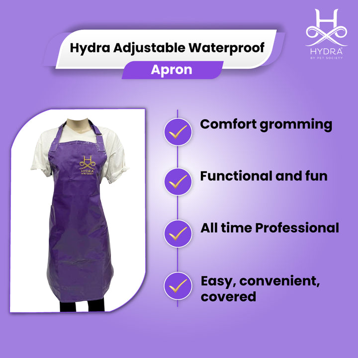 Hydra Pet Grooming Apron HD0026 – 100% waterproof apron with adjustable neck strap, vibrant purple color, designed for dog grooming professionals, stylish and durable apparel