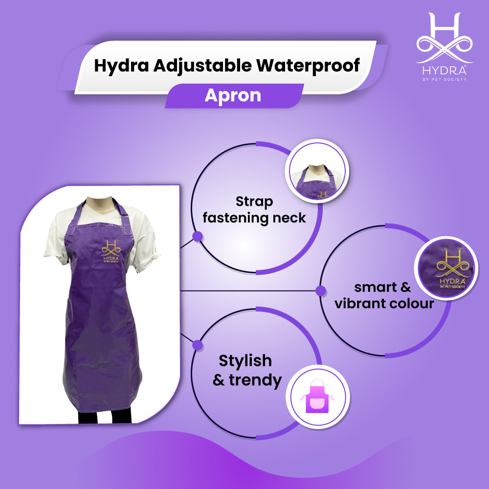 Hydra’s Purple Pet Grooming Apron – Keep clean and dry during dog grooming with this waterproof apron, designed for professional groomers, stylish and functional with adjustable neck strap.