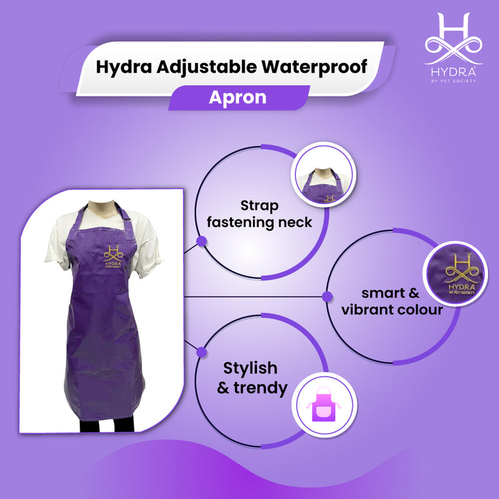 Hydra’s Purple Pet Grooming Apron – Keep clean and dry during dog grooming with this waterproof apron, designed for professional groomers, stylish and functional with adjustable neck strap.